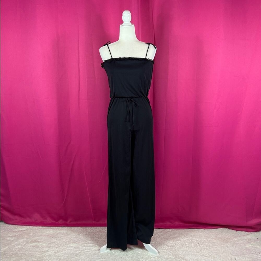 Vintage‎ 70s black jumpsuit with lace edged jacket, size 11 or 12
